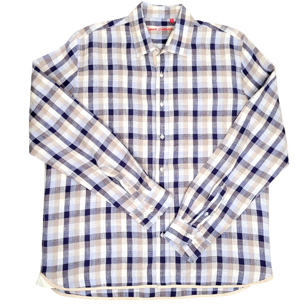 Report Collection Men 100% Linen Shirt XL Plaid  Blue Tan White Long Sleeves